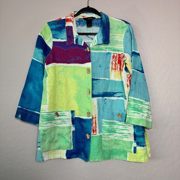 Ali Miles Tops - Ali Miles Small Multicolor Linen Button Up Abstract Print Button Front Shirt